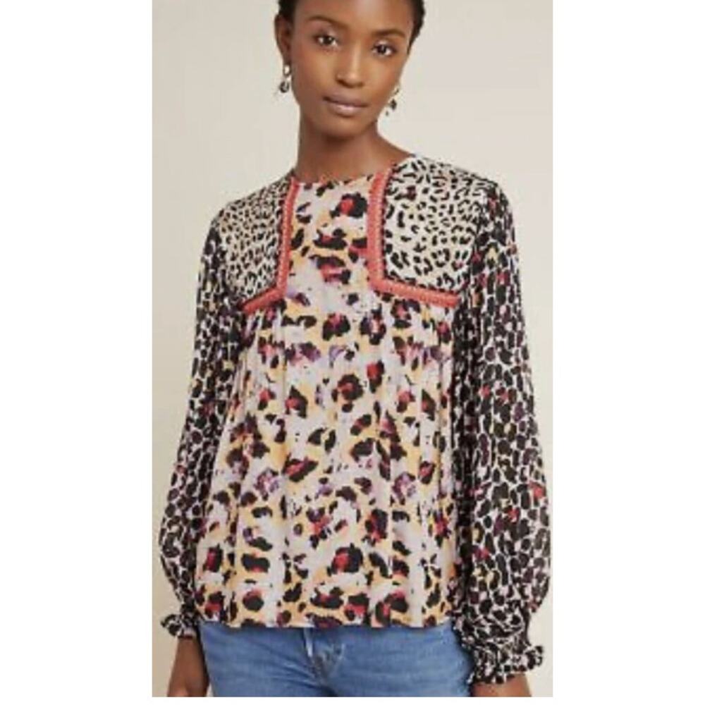 Anthro BL-NK Joelle Leopard Peasant Blouse XS Mixed Animal Boho Sheer Top